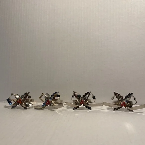 Silver napkin rings bow tie holly silver-plated brass Christmas - Picture 7 of 10